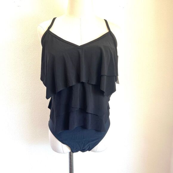 Beyond Control Black Tiered One-Piece Swimsuit Solid Citizen Size 12 - Picture 2 of 7